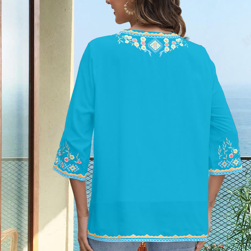 Spring Daily Embroidery Flower Pattern Long Sleeve V-neck Cotton Women's T-Shirt