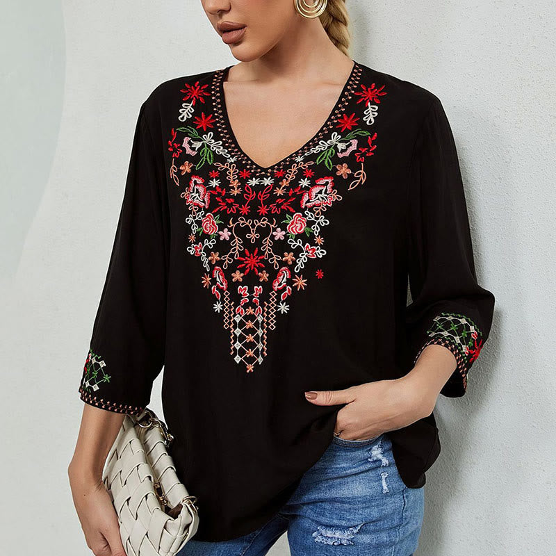 Lightweight Cotton Embroidered V-Neck Mindful Movement T-Shirt