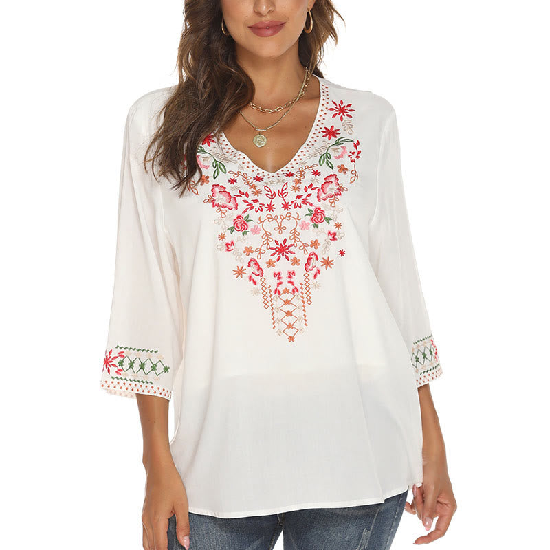 Lightweight Cotton Embroidered V-Neck Mindful Movement T-Shirt