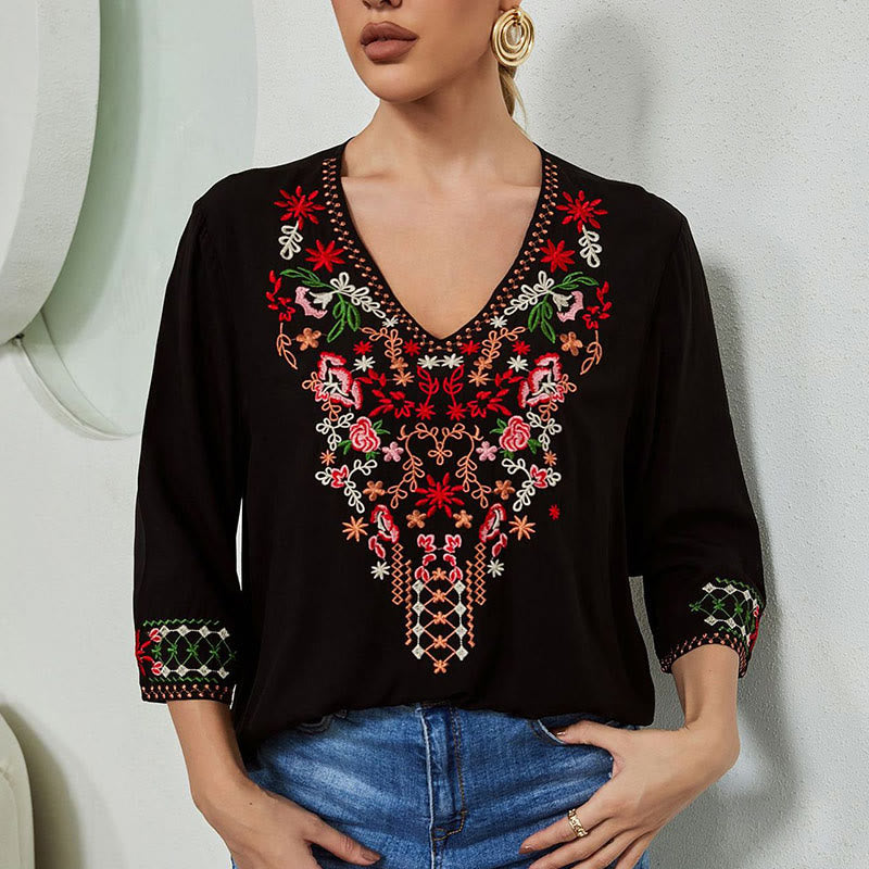 Lightweight Cotton Embroidered V-Neck Mindful Movement T-Shirt