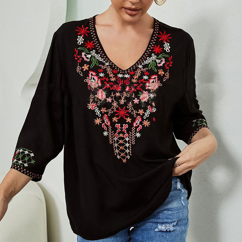 Lightweight Cotton Embroidered V-Neck Mindful Movement T-Shirt