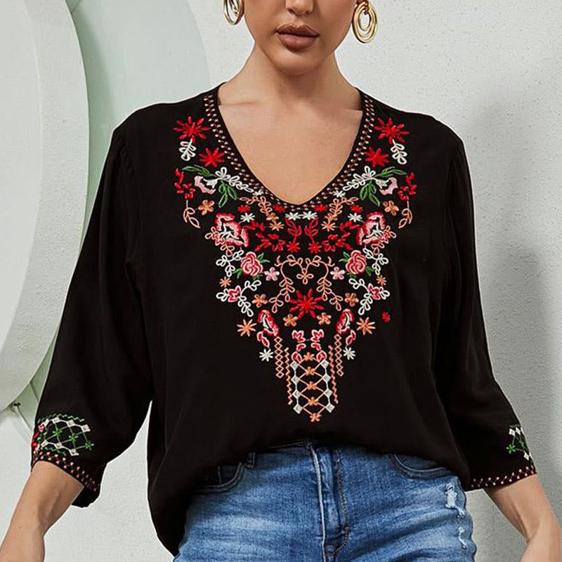 Lightweight Cotton Embroidered V-Neck Mindful Movement T-Shirt