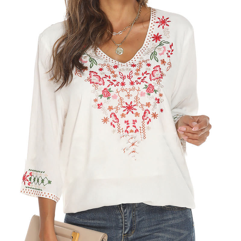 Lightweight Cotton Embroidered V-Neck Mindful Movement T-Shirt