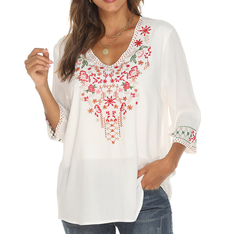 Lightweight Cotton Embroidered V-Neck Mindful Movement T-Shirt