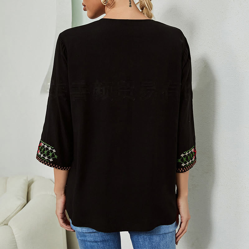 Lightweight Cotton Embroidered V-Neck Mindful Movement T-Shirt