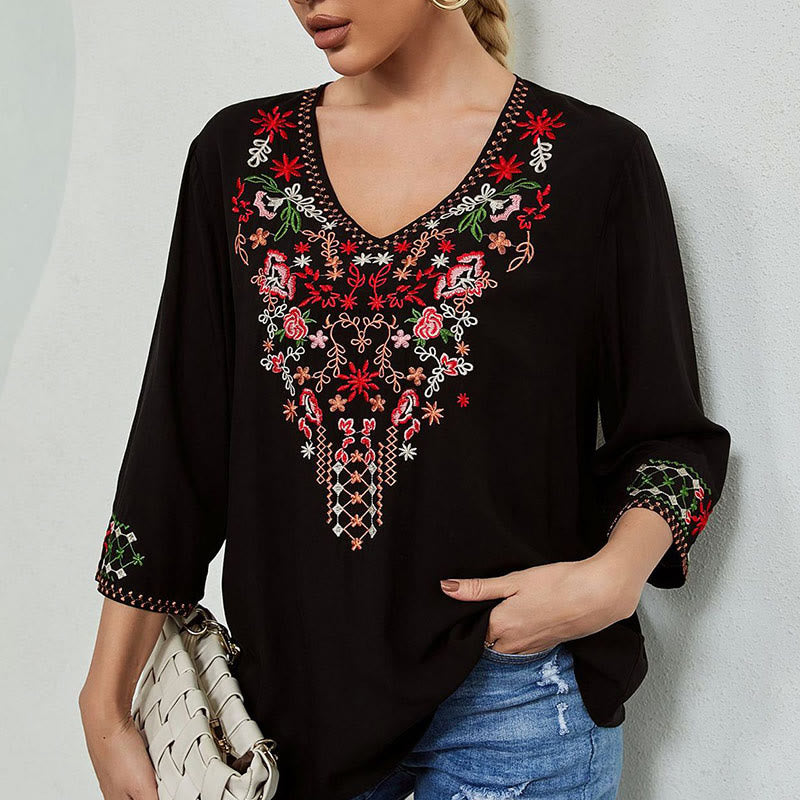 Lightweight Cotton Embroidered V-Neck Mindful Movement T-Shirt