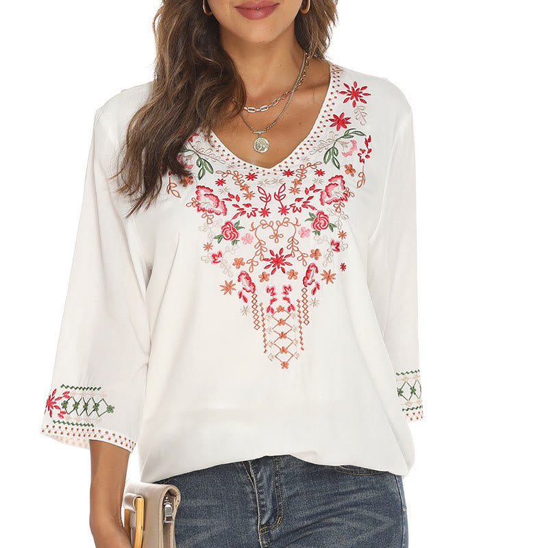 Lightweight Cotton Embroidered V-Neck Mindful Movement T-Shirt