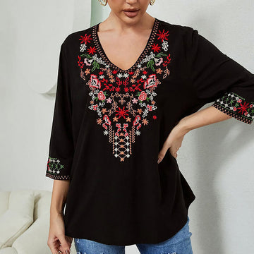 Lightweight Cotton Embroidered V-Neck Mindful Movement T-Shirt