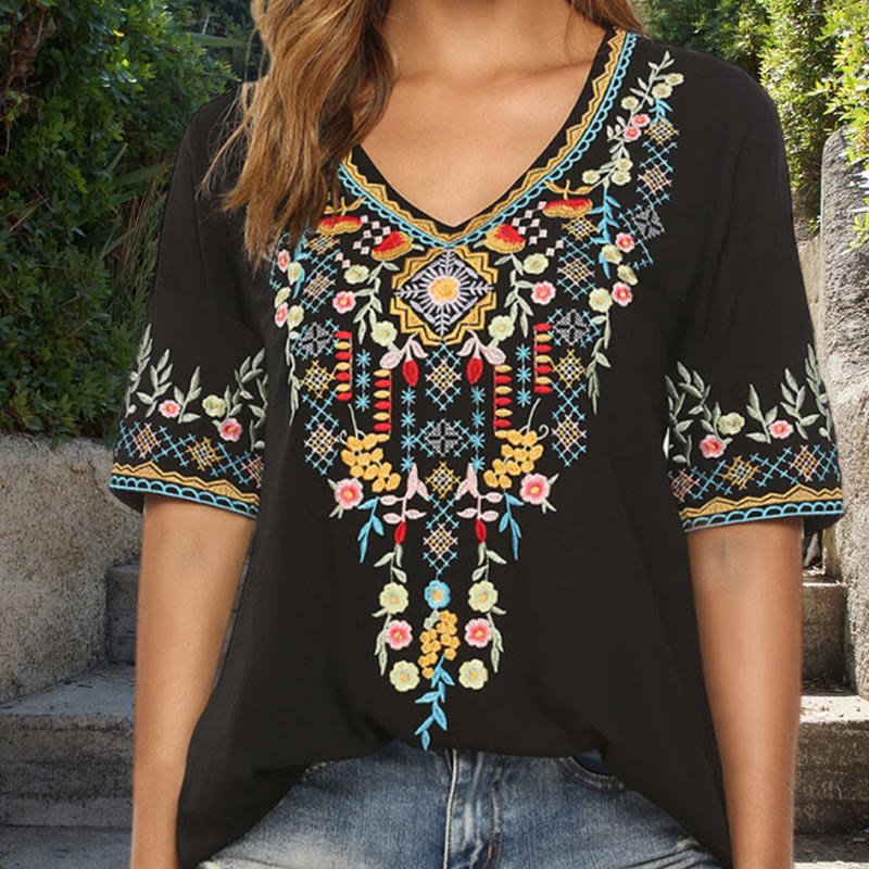 Botanical Embroidered Cotton V-Neck Meditation T-Shirt