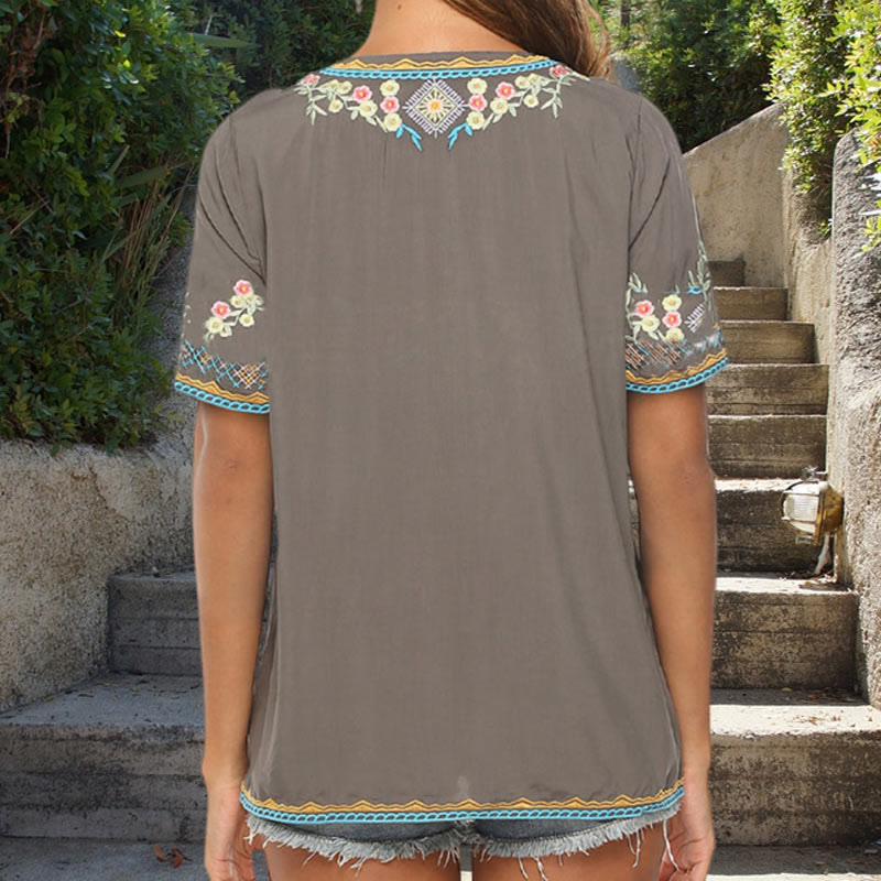 Botanical Embroidered Cotton V-Neck Meditation T-Shirt