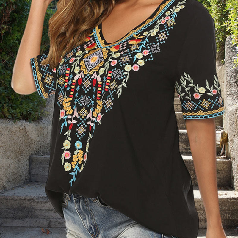 Botanical Embroidered Cotton V-Neck Meditation T-Shirt