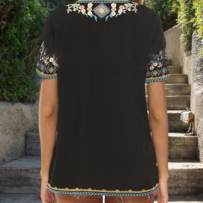 Botanical Embroidered Cotton V-Neck Meditation T-Shirt