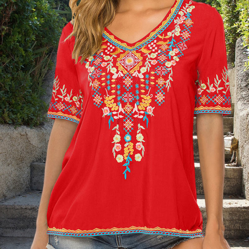 Botanical Embroidered Cotton V-Neck Meditation T-Shirt