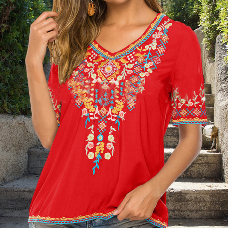 Botanical Embroidered Cotton V-Neck Meditation T-Shirt