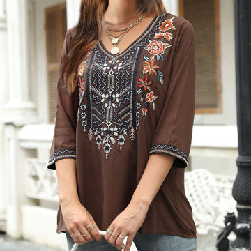 Tactile Cotton Embroidered V-Neck Three-Quarter Sleeve Mindful T-Shirt