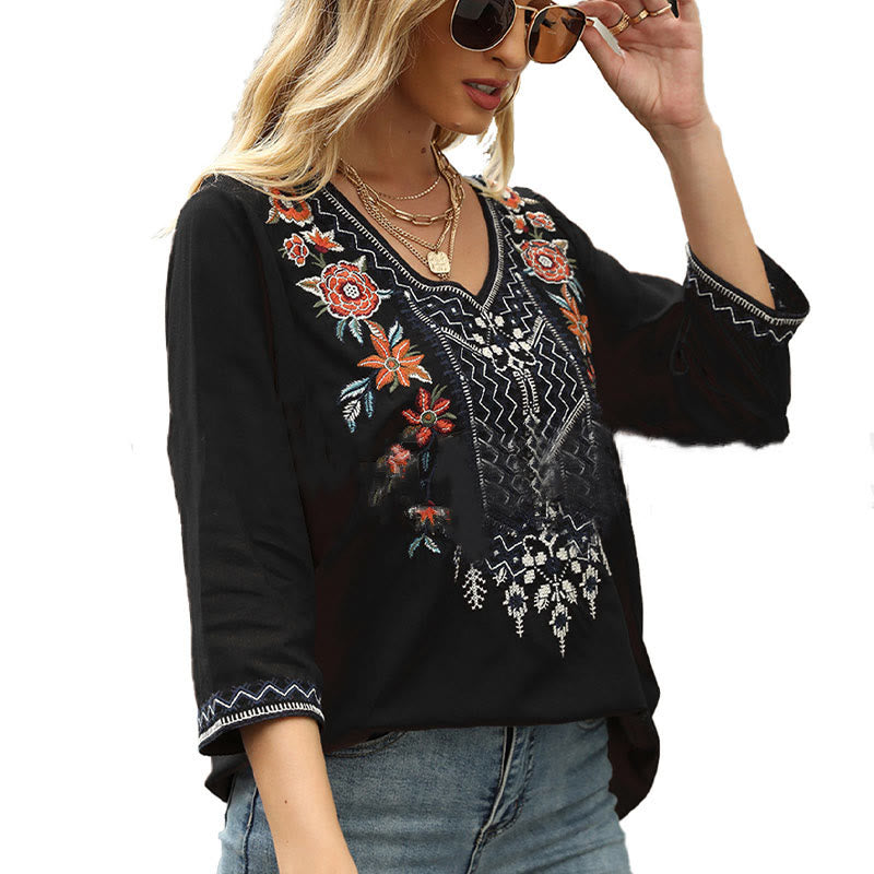 Tactile Cotton Embroidered V-Neck Three-Quarter Sleeve Mindful T-Shirt
