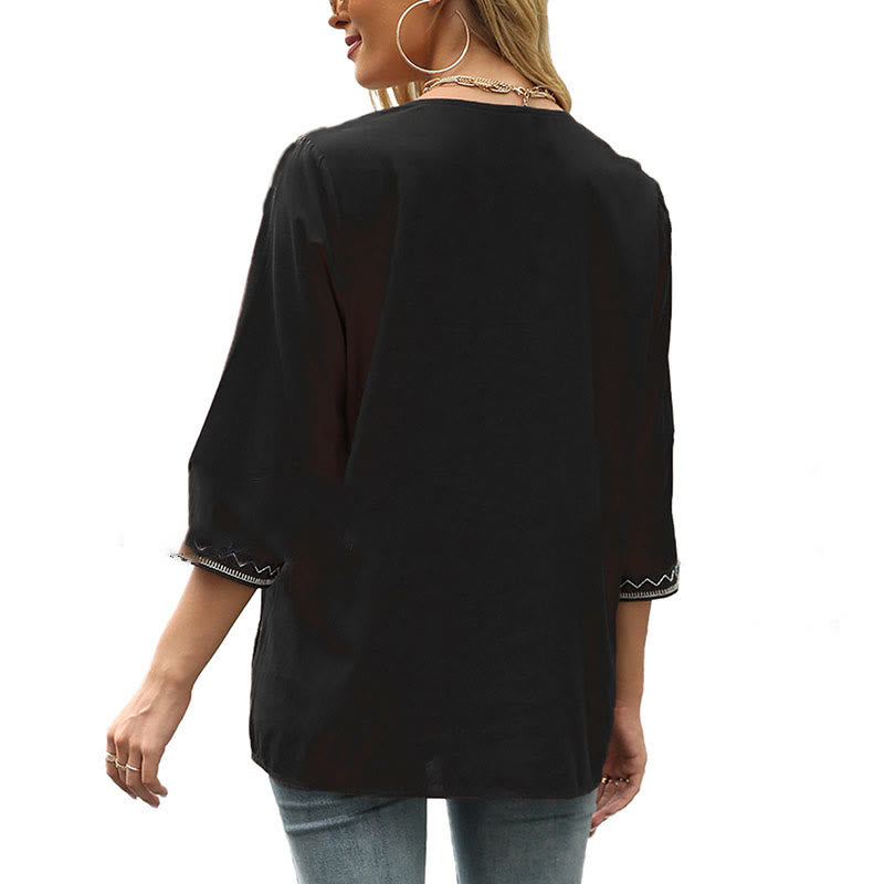 Tactile Cotton Embroidered V-Neck Three-Quarter Sleeve Mindful T-Shirt