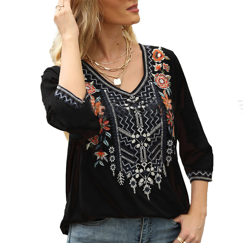 Tactile Cotton Embroidered V-Neck Three-Quarter Sleeve Mindful T-Shirt