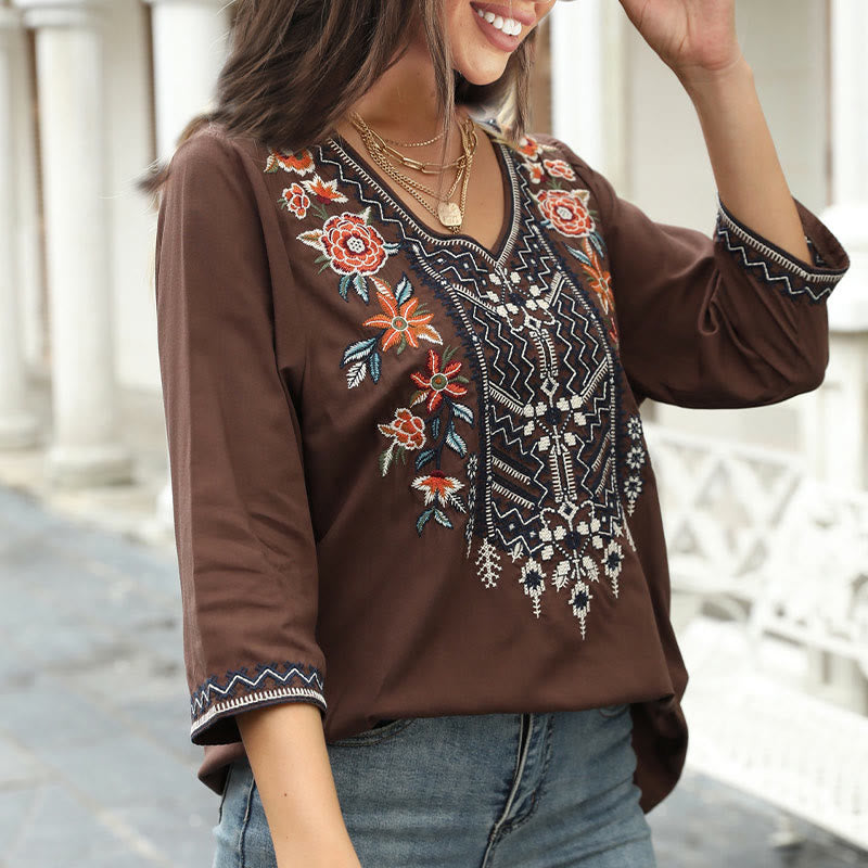 Tactile Cotton Embroidered V-Neck Three-Quarter Sleeve Mindful T-Shirt