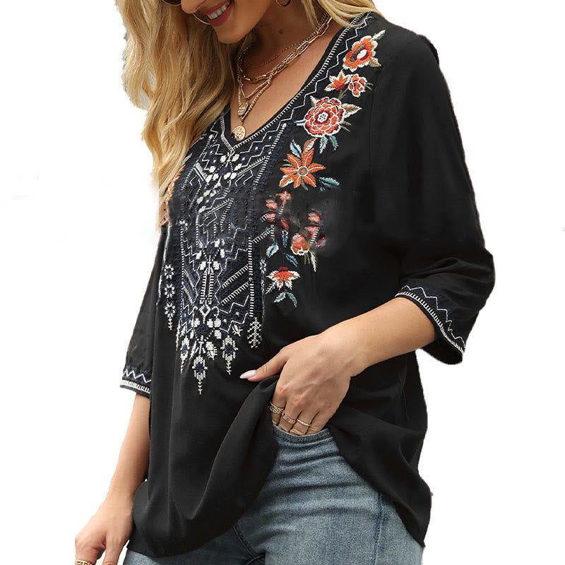 Tactile Cotton Embroidered V-Neck Three-Quarter Sleeve Mindful T-Shirt