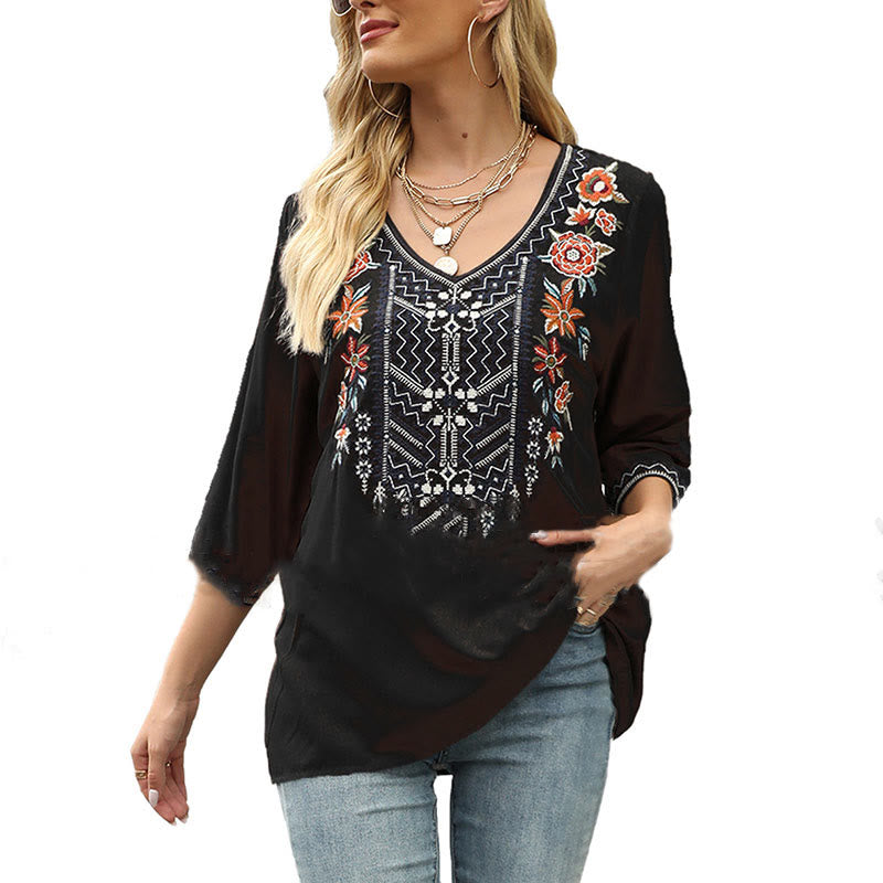 Tactile Cotton Embroidered V-Neck Three-Quarter Sleeve Mindful T-Shirt