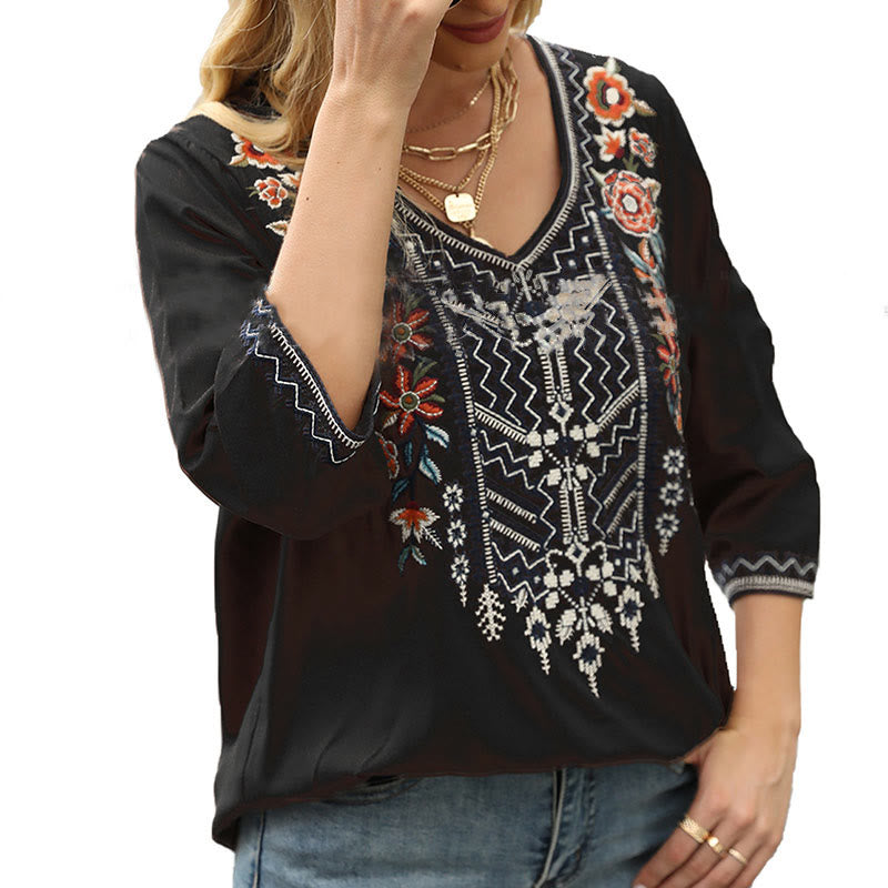 Tactile Cotton Embroidered V-Neck Three-Quarter Sleeve Mindful T-Shirt
