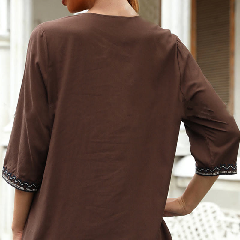 Tactile Cotton Embroidered V-Neck Three-Quarter Sleeve Mindful T-Shirt