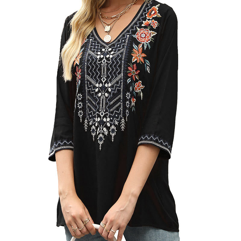 Tactile Cotton Embroidered V-Neck Three-Quarter Sleeve Mindful T-Shirt
