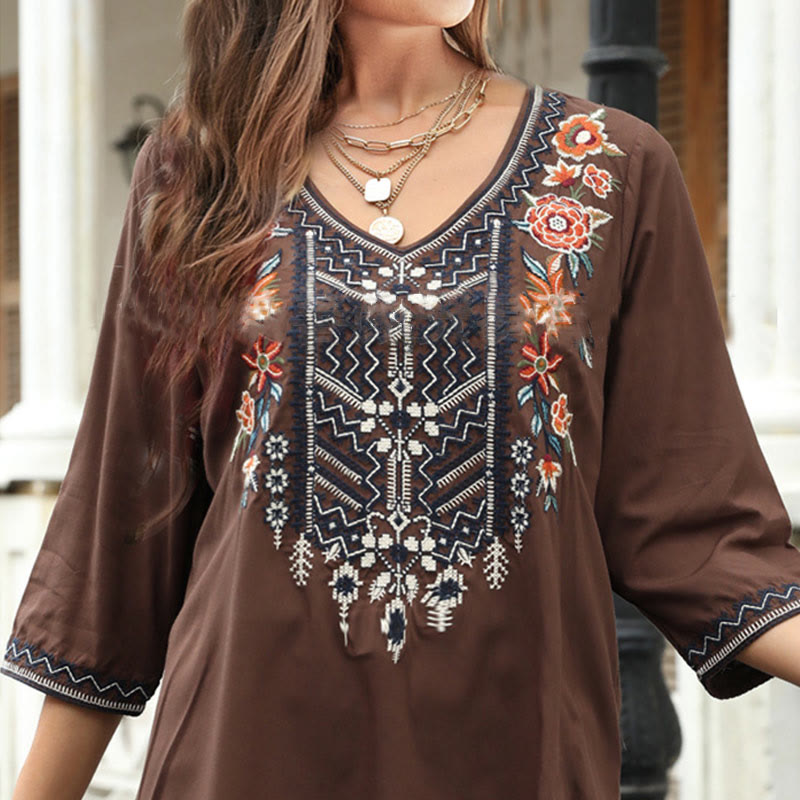 Tactile Cotton Embroidered V-Neck Three-Quarter Sleeve Mindful T-Shirt