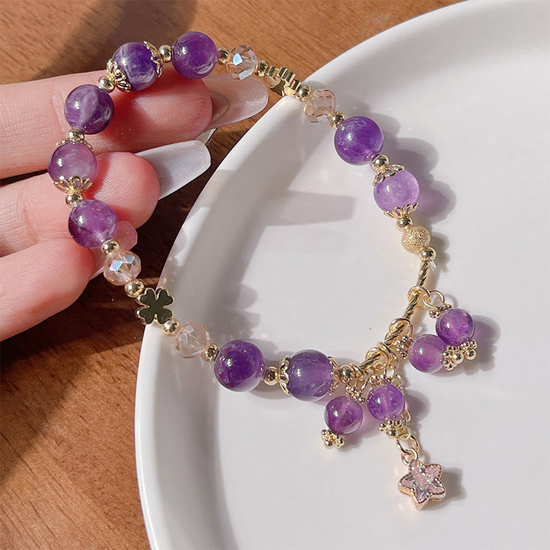 Natural Amethyst & Copper Four-Leaf Clover Star Peace Charm Bracelet