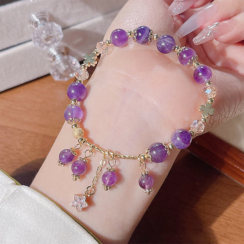 Natural Amethyst & Copper Four-Leaf Clover Star Peace Charm Bracelet