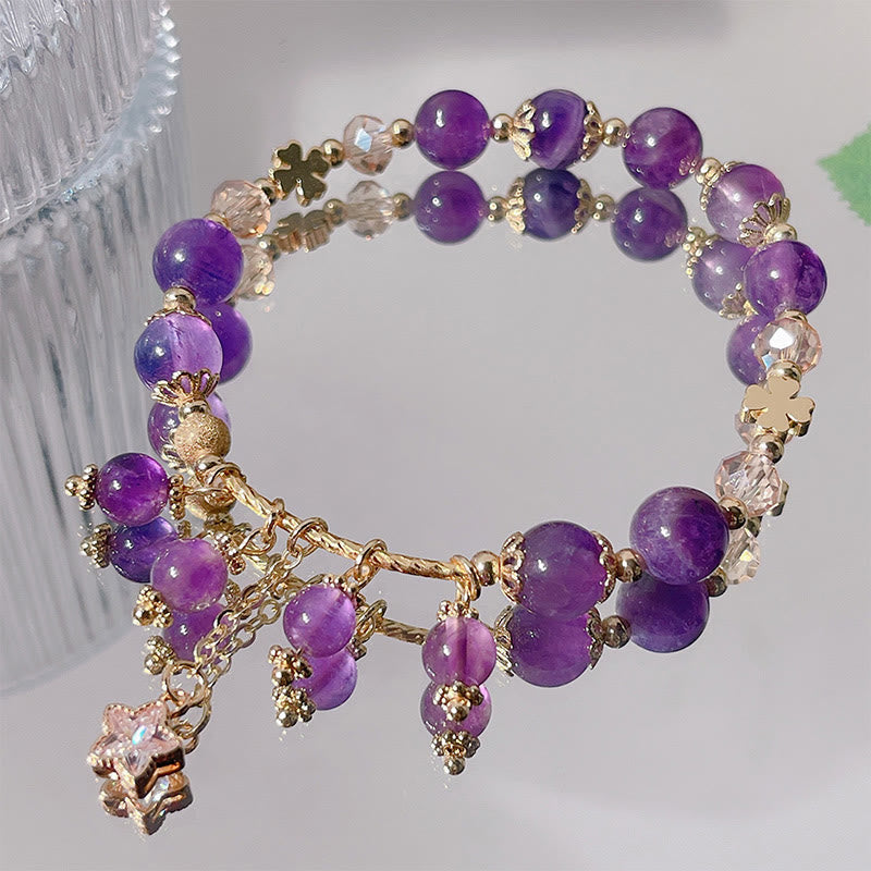 Natural Amethyst & Copper Four-Leaf Clover Star Peace Charm Bracelet