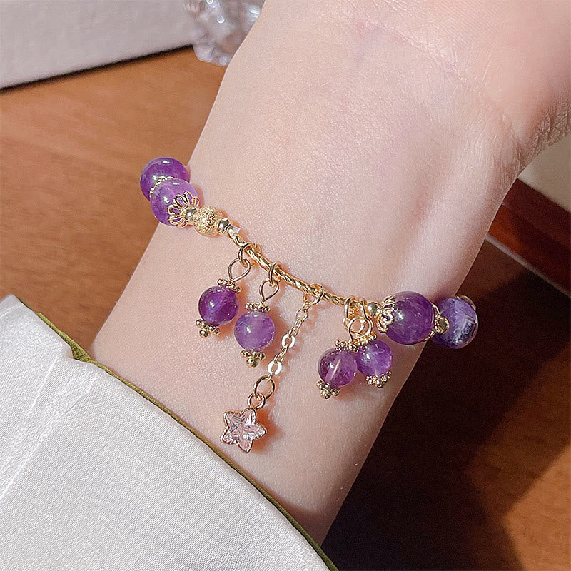 Natural Amethyst & Copper Four-Leaf Clover Star Peace Charm Bracelet