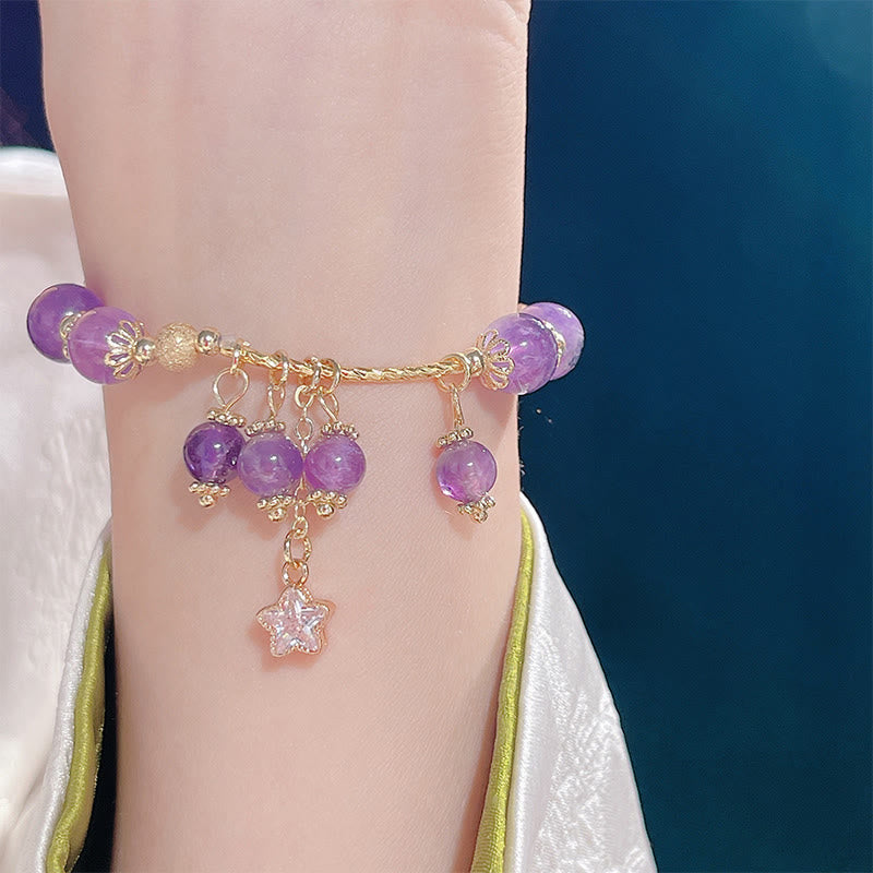 Natural Amethyst & Copper Four-Leaf Clover Star Peace Charm Bracelet