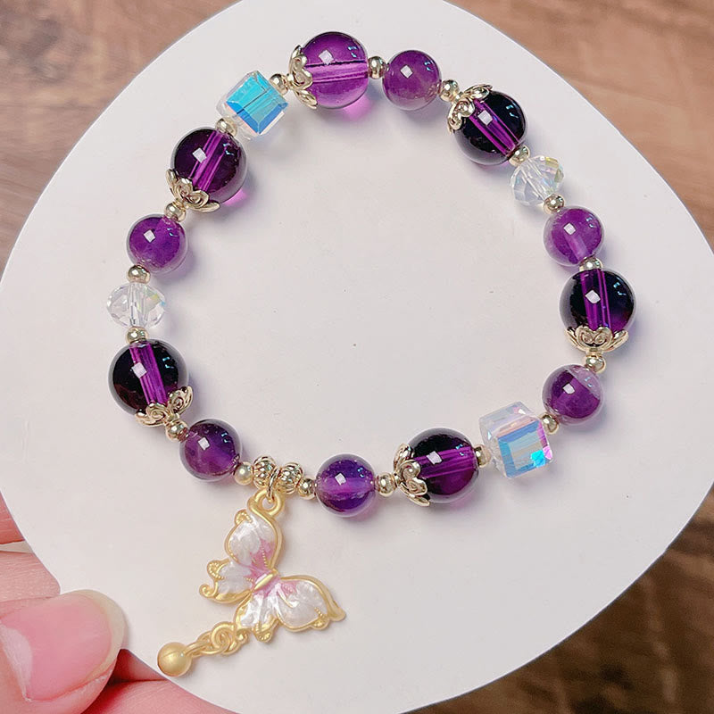 Natural Crystal Beaded Bracelet with Copper Butterfly Charm for Peace