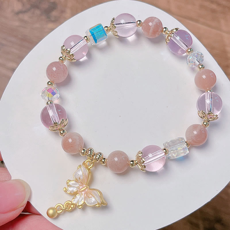 Natural Crystal Beaded Bracelet with Copper Butterfly Charm for Peace