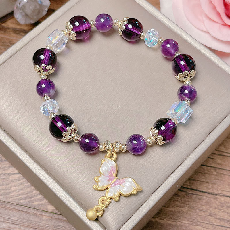 Natural Crystal Beaded Bracelet with Copper Butterfly Charm for Peace