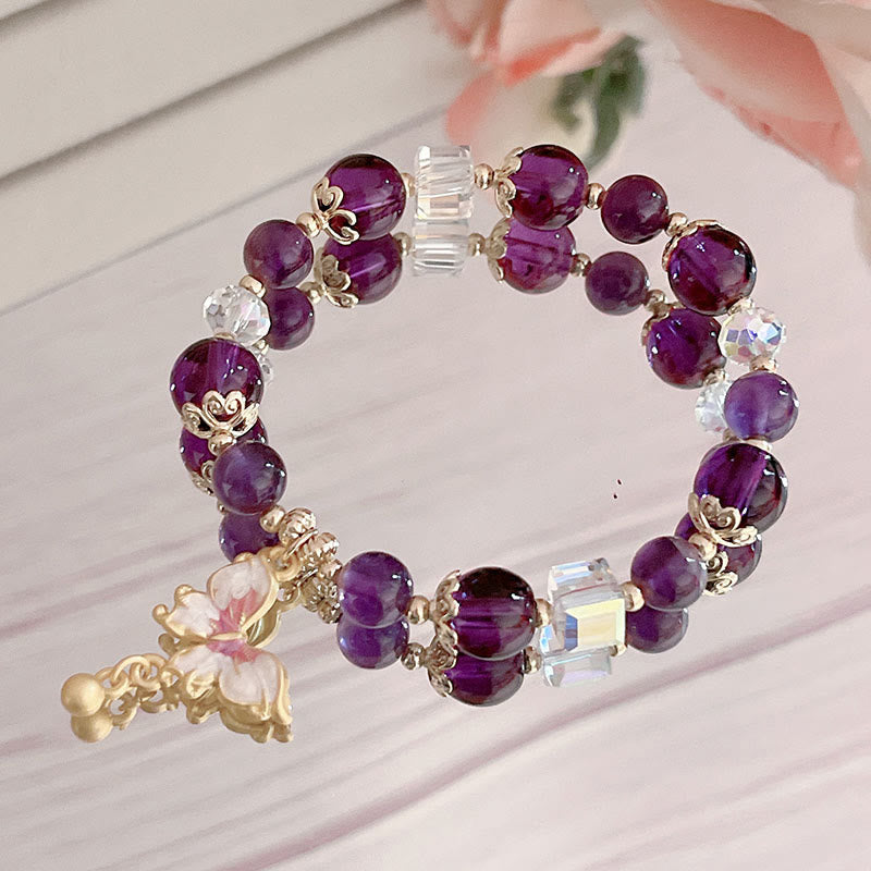 Natural Crystal Beaded Bracelet with Copper Butterfly Charm for Peace