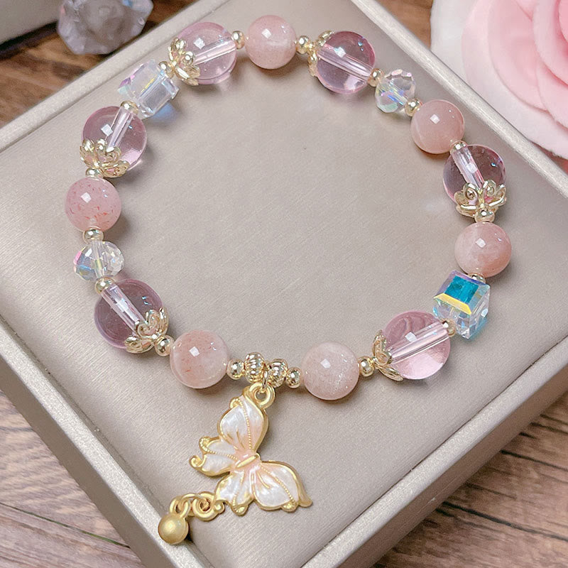 Natural Crystal Beaded Bracelet with Copper Butterfly Charm for Peace