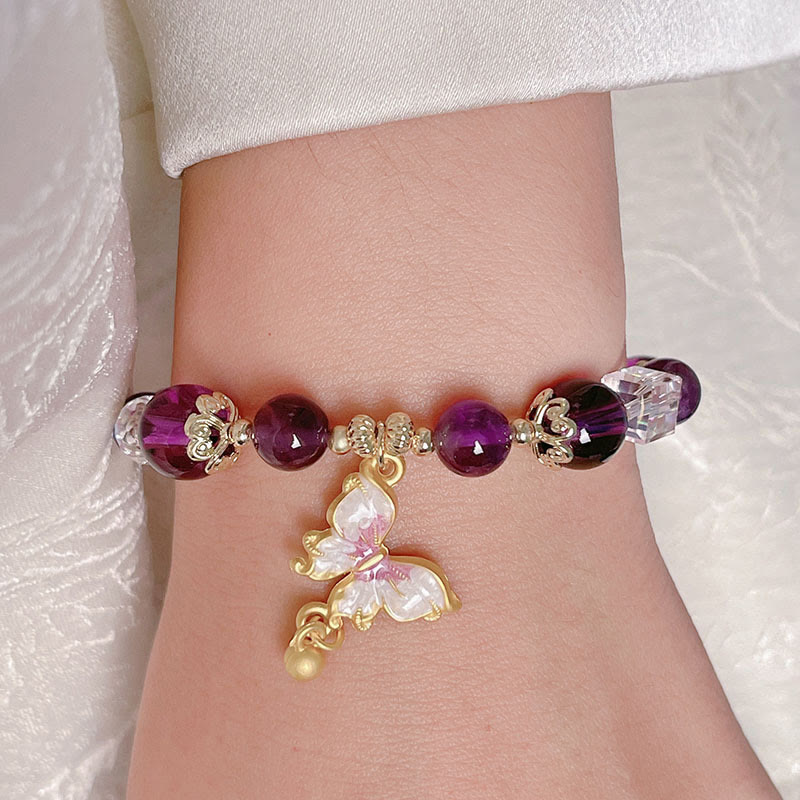 Natural Crystal Beaded Bracelet with Copper Butterfly Charm for Peace
