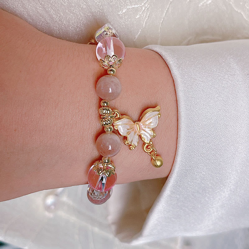 Natural Crystal Beaded Bracelet with Copper Butterfly Charm for Peace