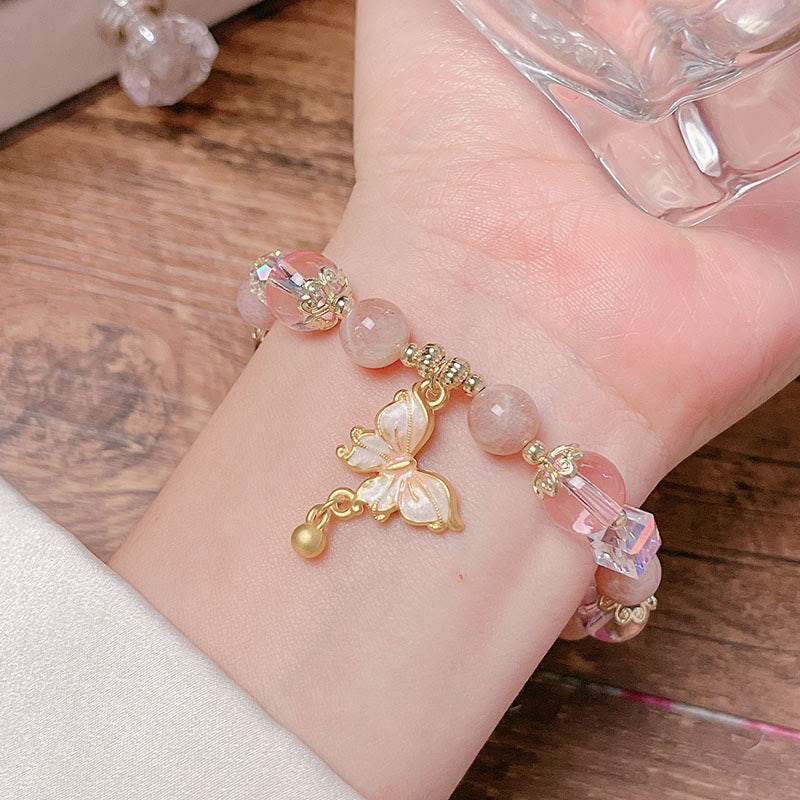 Natural Crystal Beaded Bracelet with Copper Butterfly Charm for Peace