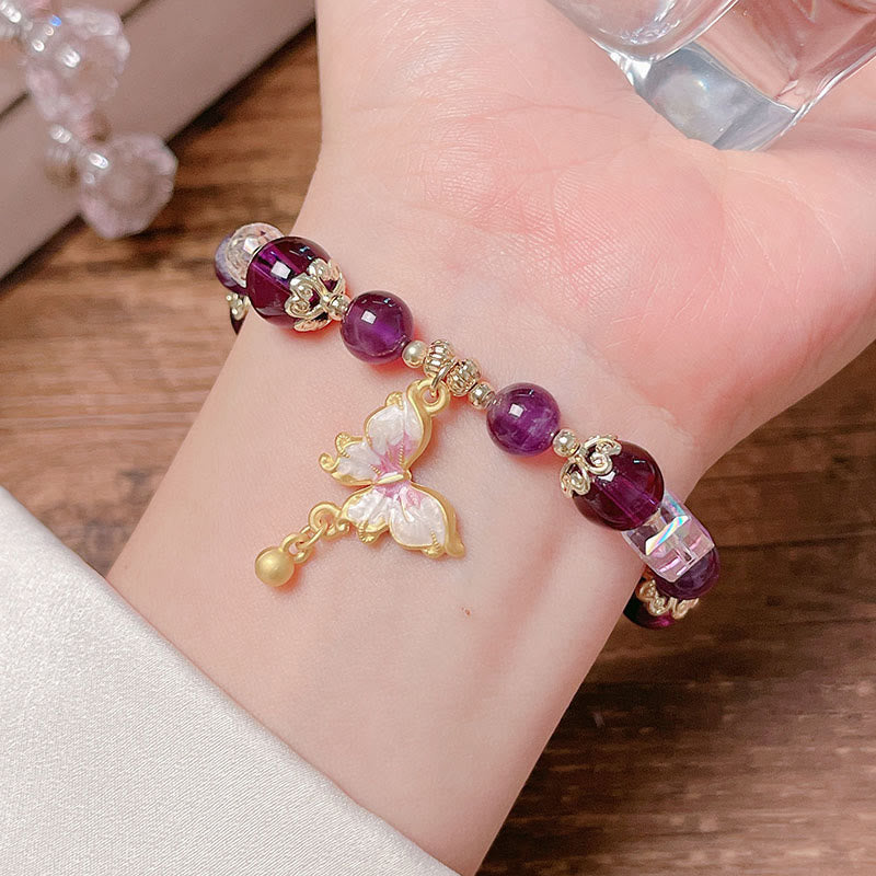Natural Crystal Beaded Bracelet with Copper Butterfly Charm for Peace