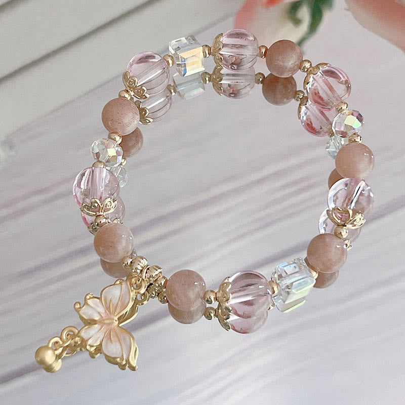 Natural Crystal Beaded Bracelet with Copper Butterfly Charm for Peace