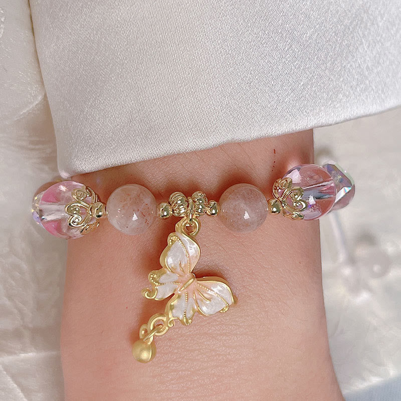 Natural Crystal Beaded Bracelet with Copper Butterfly Charm for Peace