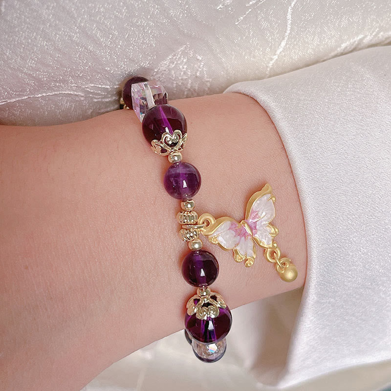 Natural Crystal Beaded Bracelet with Copper Butterfly Charm for Peace