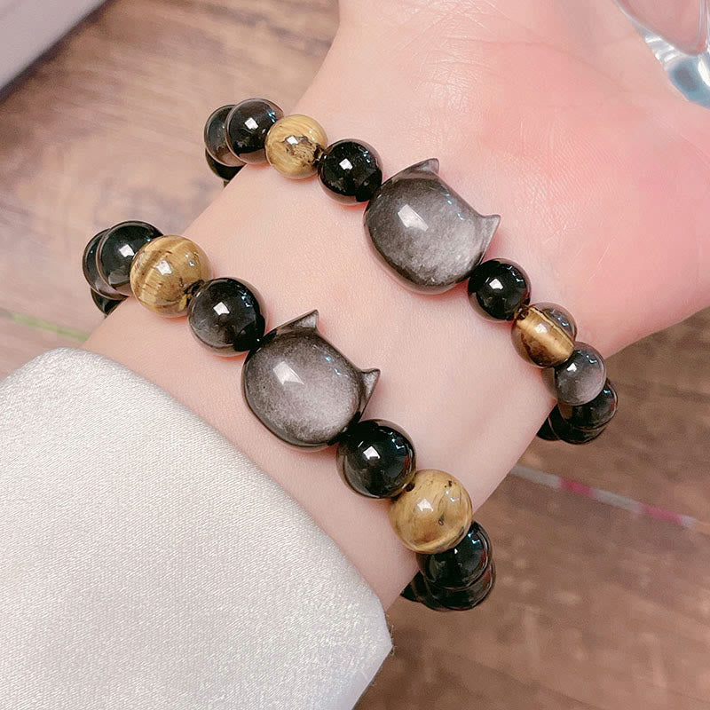 Natural Silver Sheen Obsidian Beads Cute Cat Soothing Bracelet