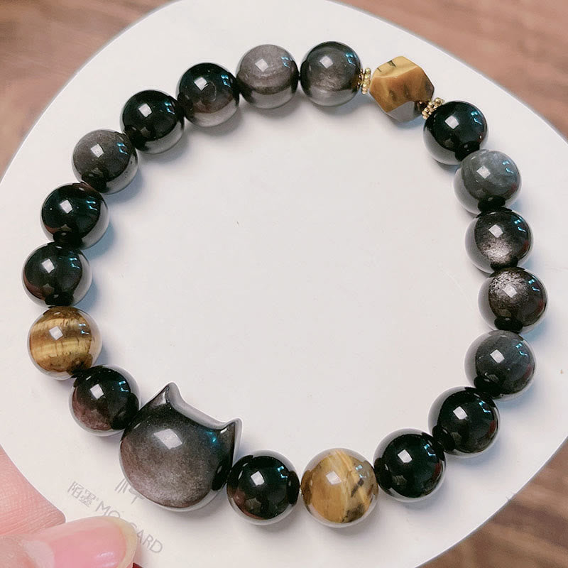 Natural Silver Sheen Obsidian Beads Cute Cat Soothing Bracelet