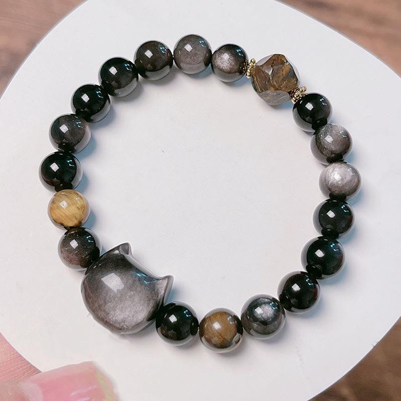 Natural Silver Sheen Obsidian Beads Cute Cat Soothing Bracelet