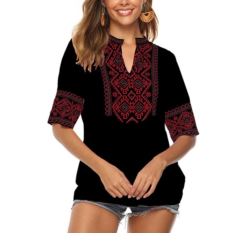 Summer Boho Embroidery Floral Pattern Half Sleeve V-neck Cotton Women's T-Shirt
